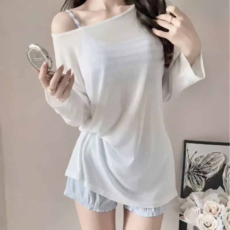 Women's Striped Camisole Off Shoulder Long Sleeve Mesh Cover Up Light Blue Drawstring Shorts Summer Beach Bathing Suit Swimwear
