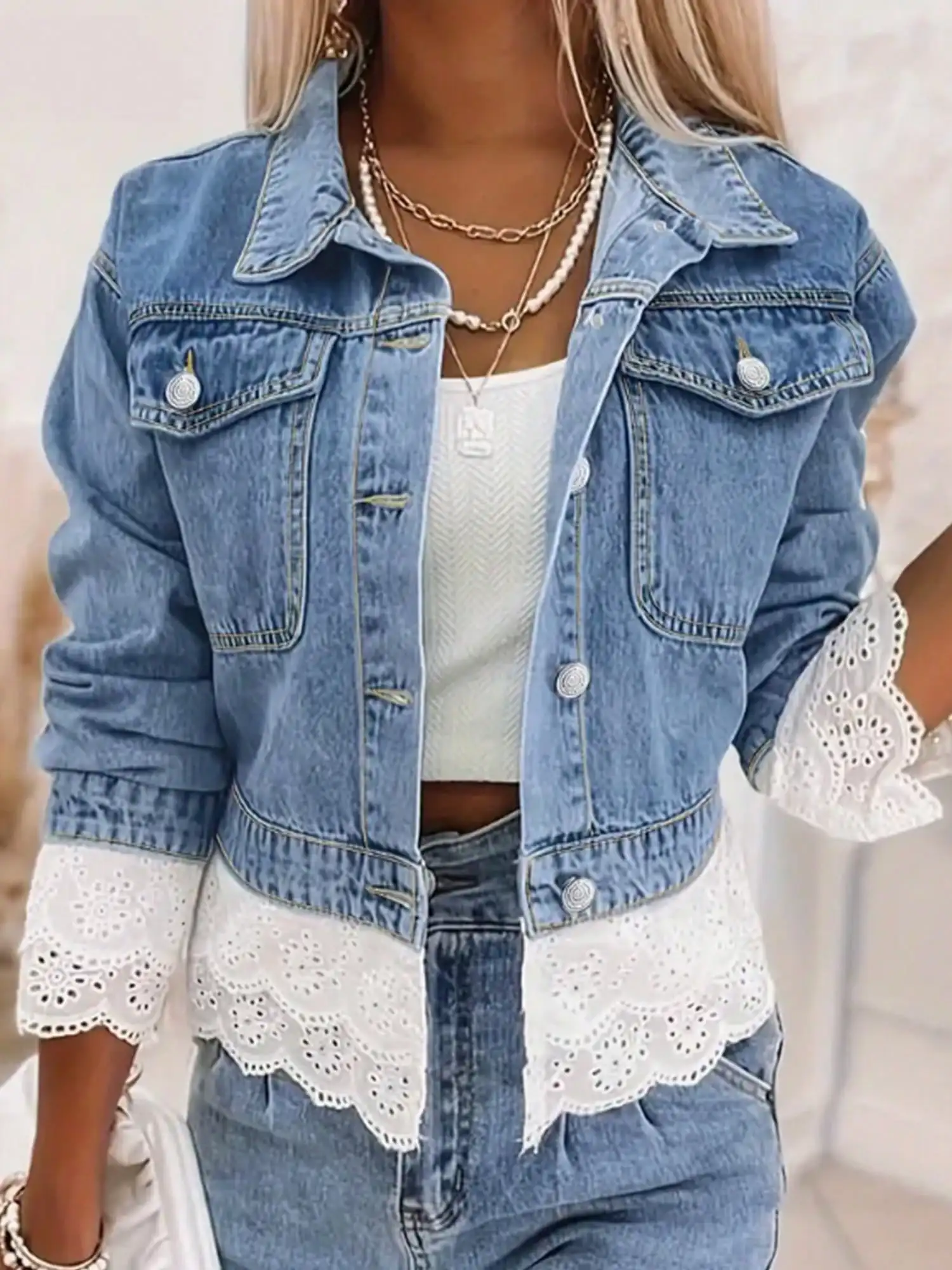 

Cropped Denim Jacket with Lace Trim Hem and Cuffs, Casual Button-Front Style