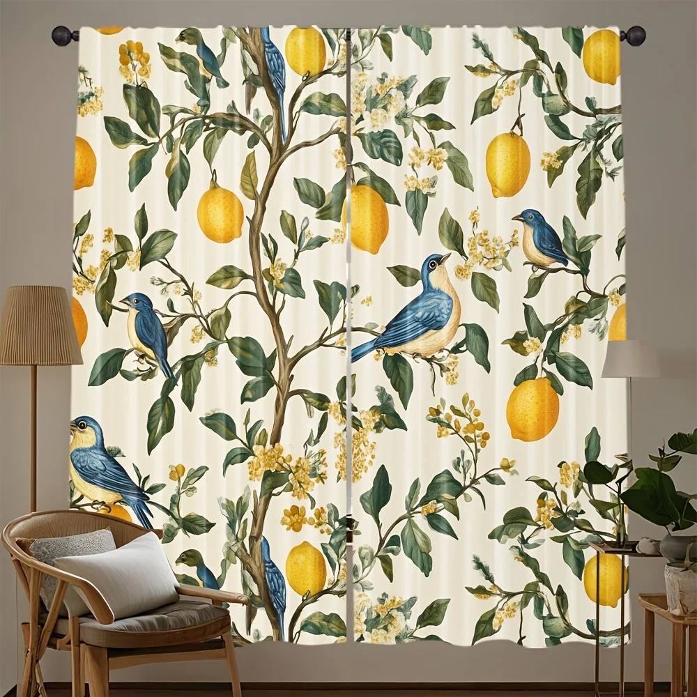 Lemon Tree Curtains 2pcs – Blue Birds & Citrus Fruit on Cream, Vintage Botanical Art for Living Room and Bedroom Decor