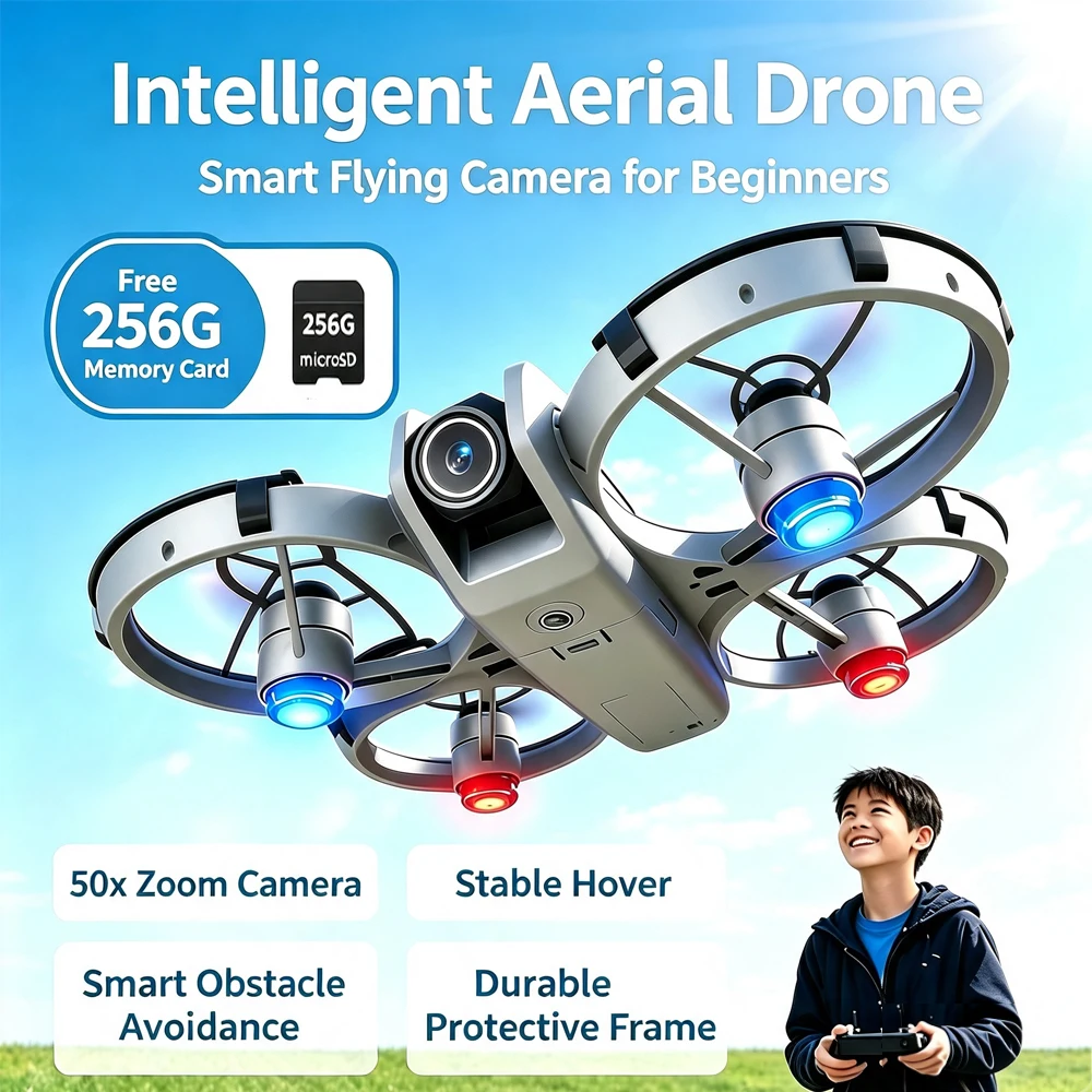 Intelligent Aerial Photography Drone 4KHD 50X Zoom Smart Obstacle Avoidance Screen Remote Brushless Quadcopter Free 256G TF Card