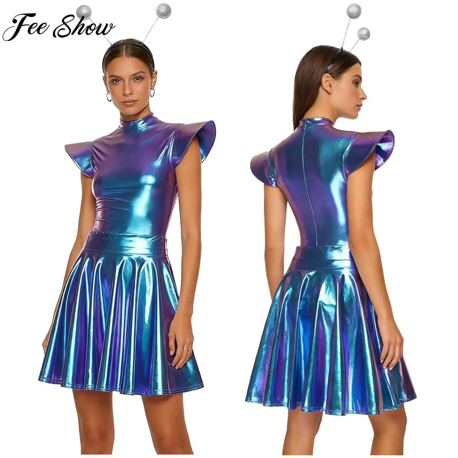 Disfraz de Cosplay de Astronauta Robot Alienígena para Mujer, Traje Metálico Brillante con Cremallera, Falda Plisada y Accesorios para la Cabeza