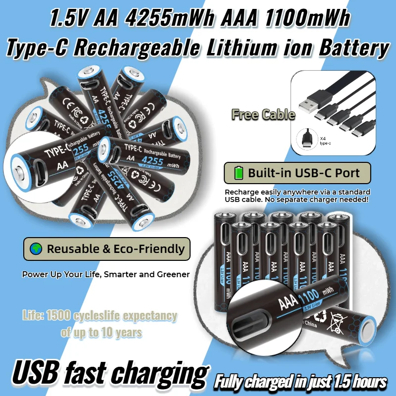 

1.5V 4255mWh/1100mWh AA+AAA Rechargeable Battery Type-C USB Lithium Battery for Remote Control Toy Battery with Charging Cable