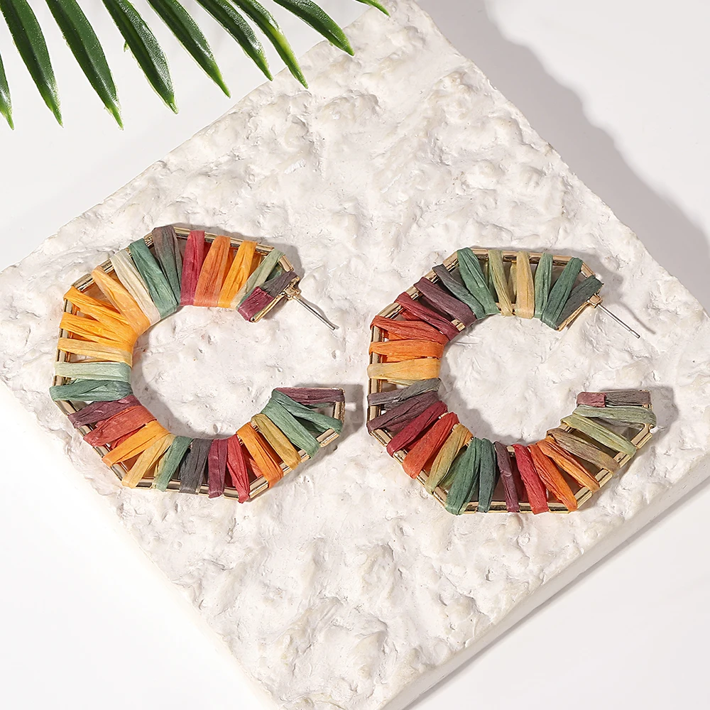 AENSOA Vacation Multicolour Raffia Hexagon Hoop Earrings for Women Hanmdade Gold Color Metal Geometric Earrings Party Jewelry