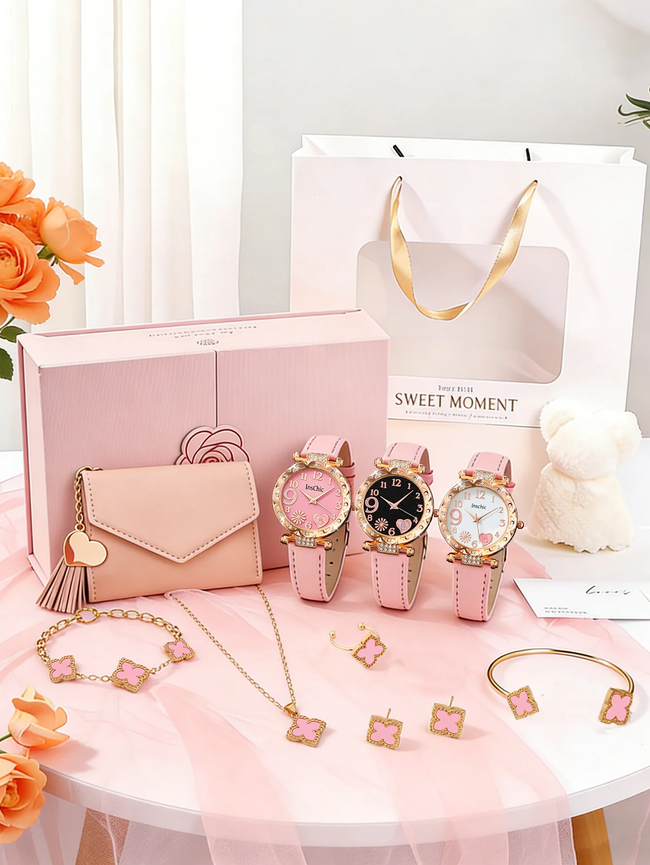 Women's jewelry gift set, including three valuable packaged watches and wallet accessories sets - recommended as a birthday gift