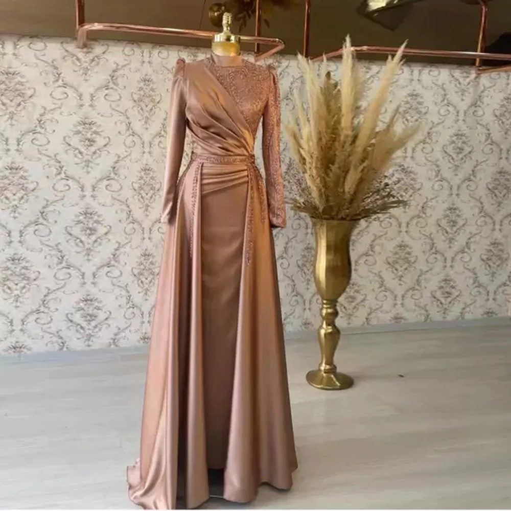 Robe de soirée en Satin style sirène, tenue de soirée moderne, col haut, manches longues, avec perles, longueur au sol, sur mesure