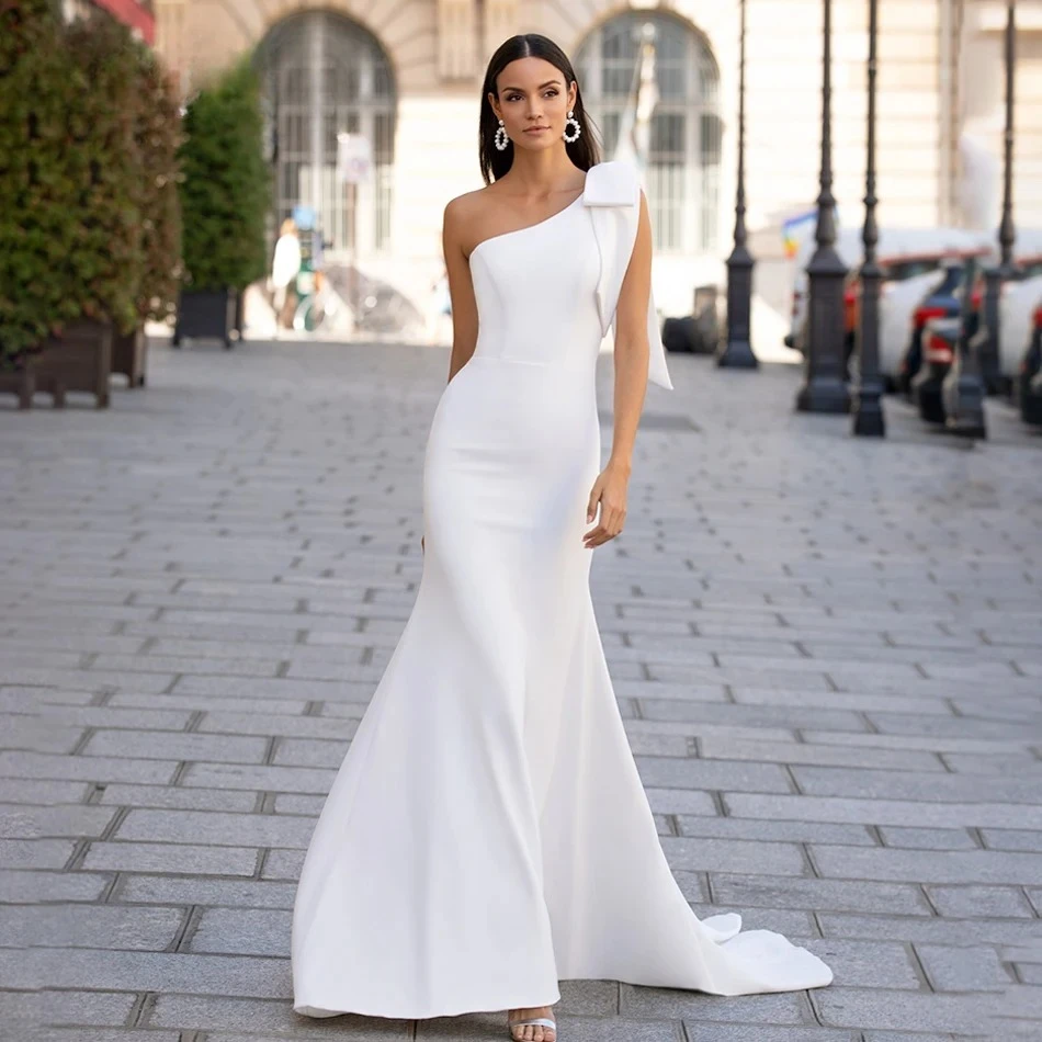 Customized Elegant Simple Mermaid Wedding Dress Chic One Shoulder Decorative Bow Slim Silky Satin White Formal Bridal Gown