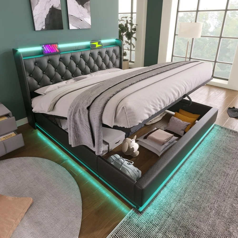 Large Cushioned Lift Storage Bed with Headboard, PU Fabric, Button Tufting, USB Port, and 360 ° Surround LED Design, Black