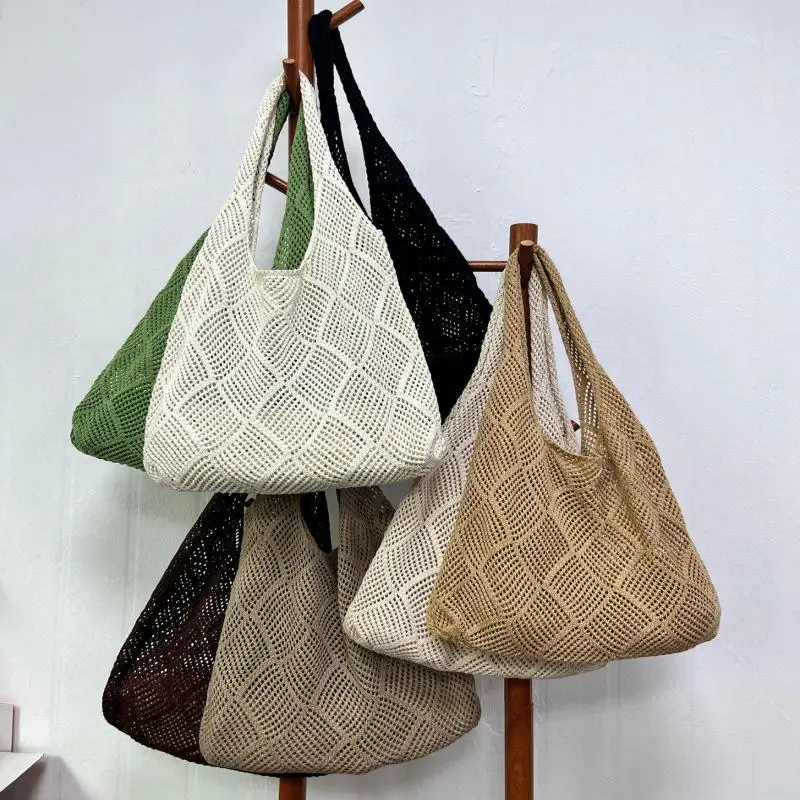 

Элегантная однотонная женская сумка-тоут, винтажная вязаная полая сумка через плечо, вязаная крючком сумка для путешествий