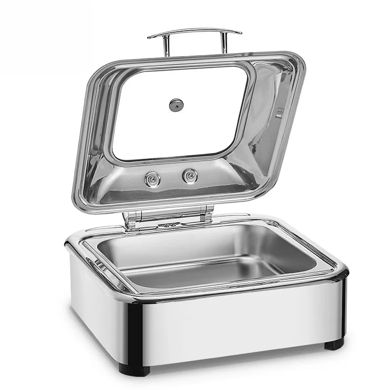Luxury 6L square hot pot hydraulic glass cover stainless steel buffet server collection multi-style silver gold