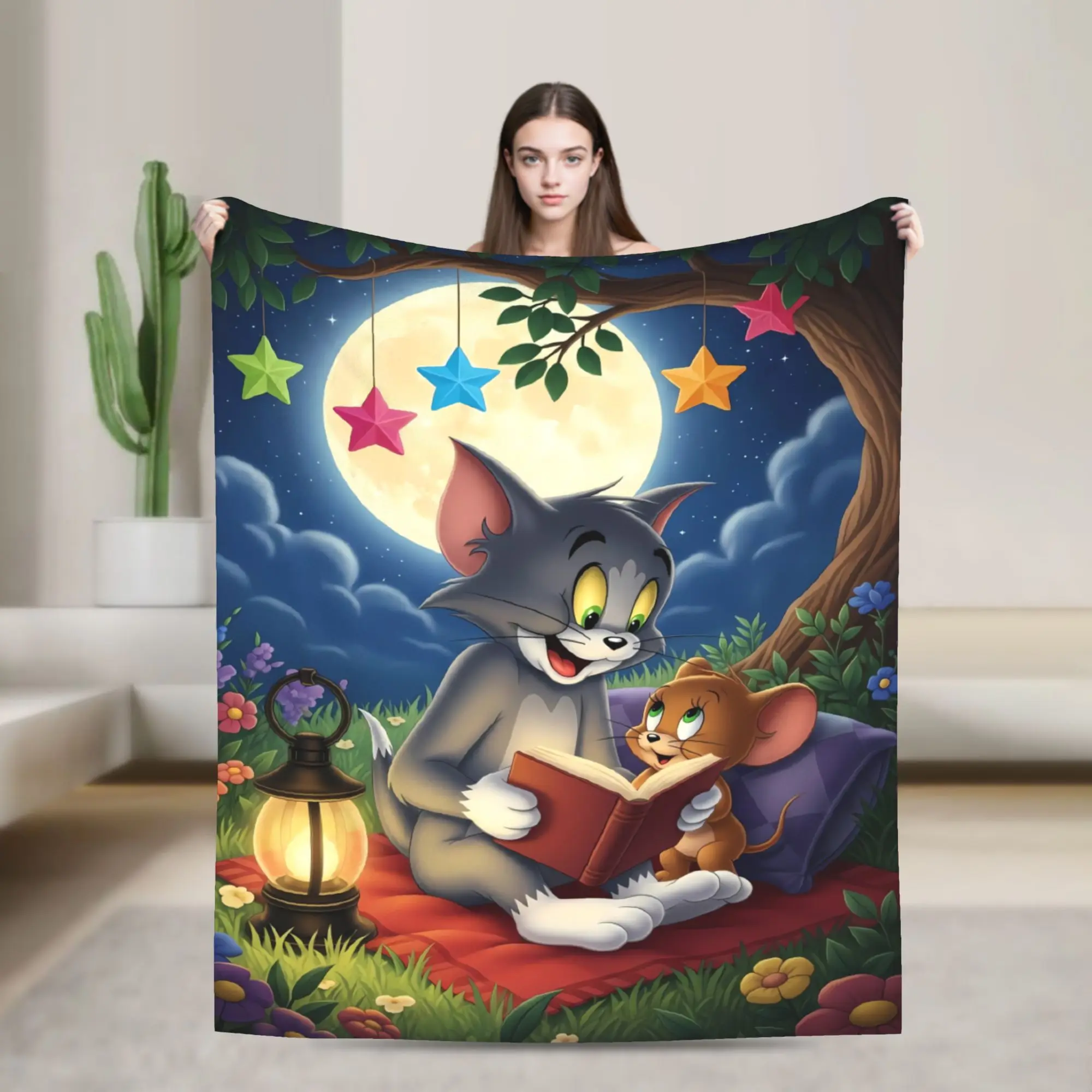 Tom Jerry Night Moon Anime Blanket  Warm Soft Comfortable Plush Throw Blanket For Child Living Room Flannel Bedspread Bed Cover