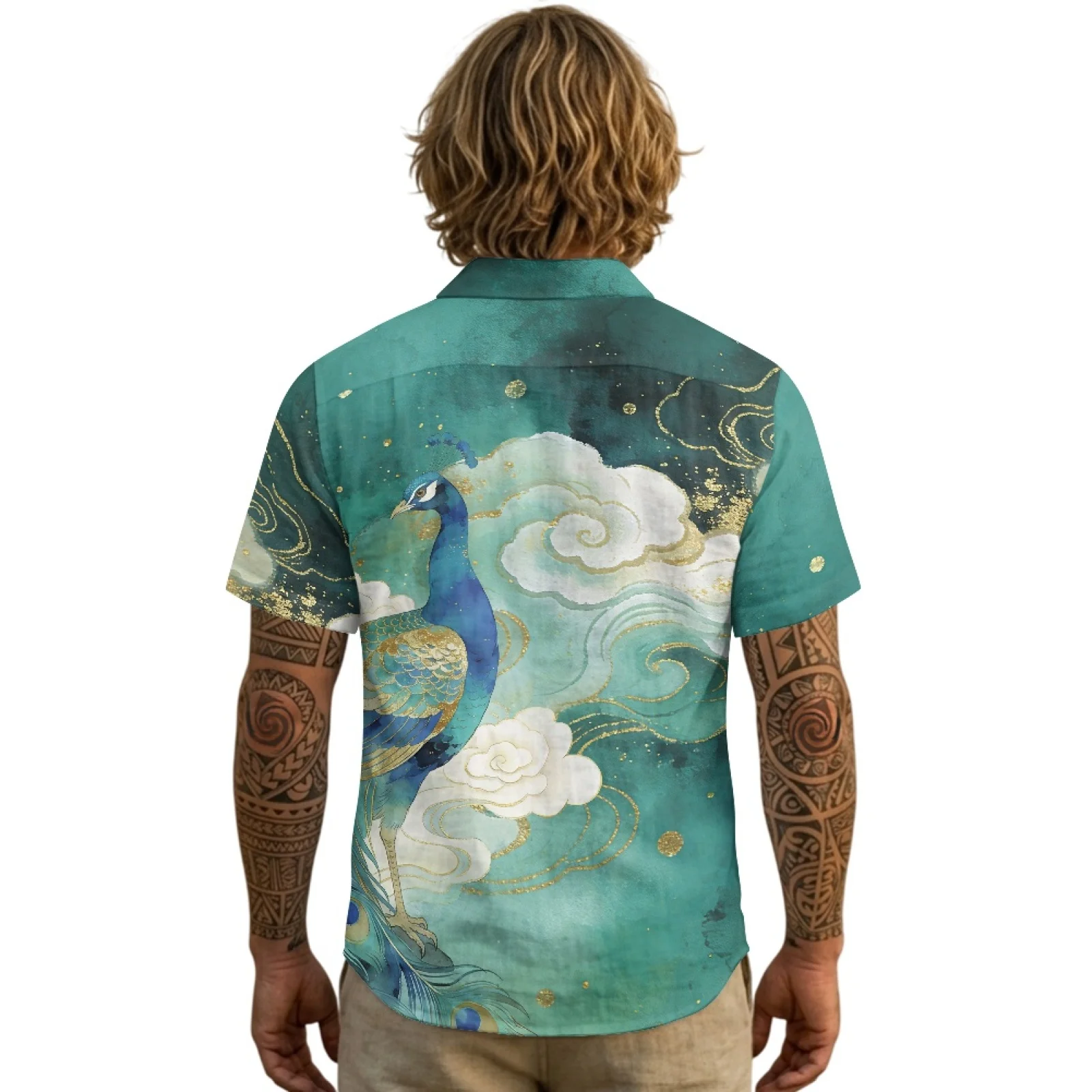 PENSTROLL Azure Peacock Linen Style Short Sleeve Lapel Shirts for Beach Casual Men's Top Beach Hawaiian Shirt