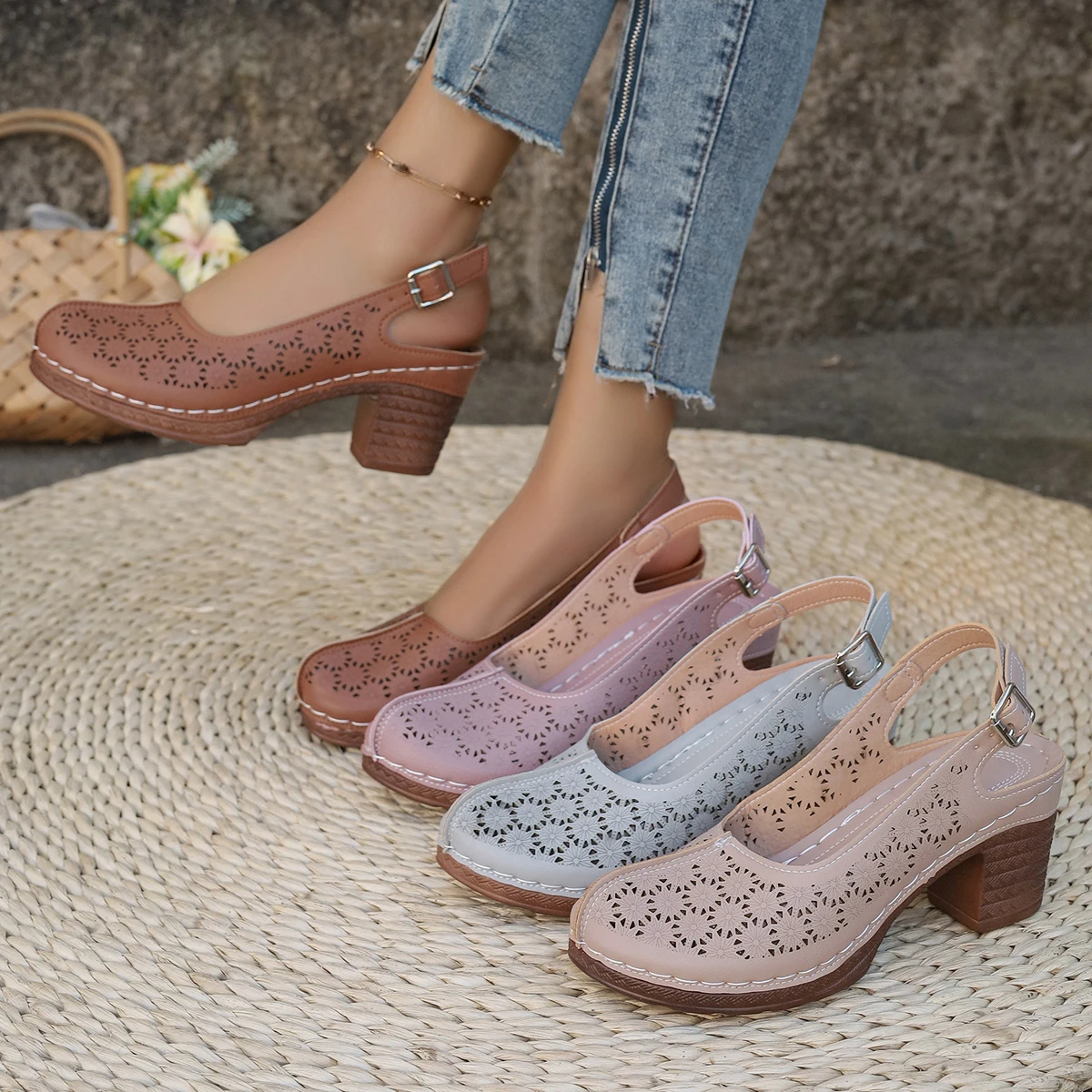 Novedad de verano, Sandalias de tacón alto para mujer, sandalias sin cordones de cuero PU con punta redonda de estilo romano de talla grande, zapatos cómodos con suela de goma