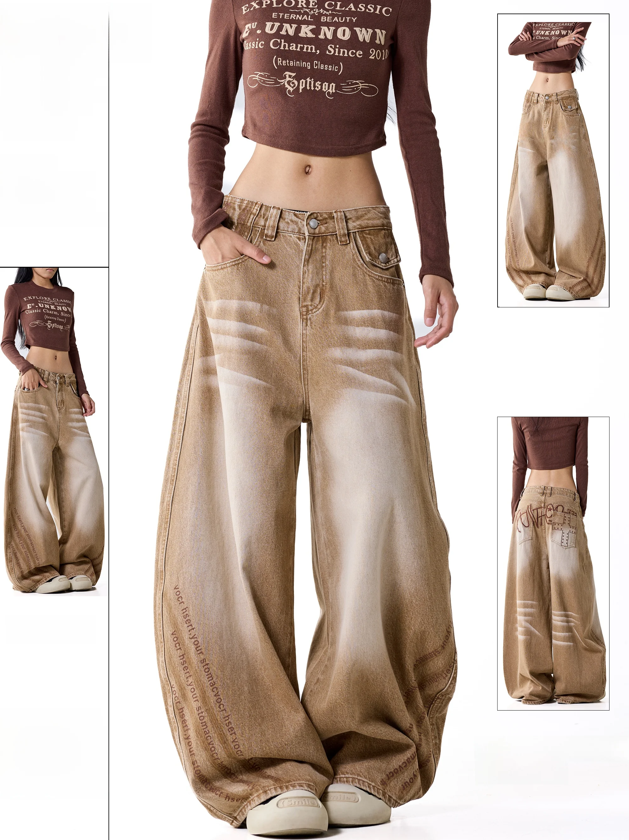 Retro Coffee Color Pure Cotton Faded Wide Leg Denim Pants Women's Autumn 2026 American Street Style Draped Long Trousers