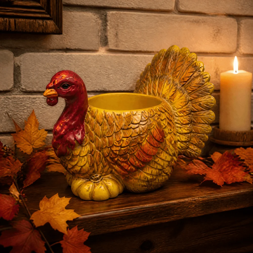 Fall Harvest Resin Turkey Planter Pot Raised Plumage Texture Top-Opening Turkey Figurine Candy Bowl Weather-Resistant