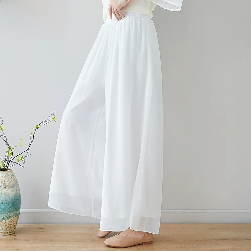 

Ele Double Layer Pure Color Chiffon Pants Skirt Yoga Pants Wide Leg Zen Sle Women's Faion Spring Summer Trousers