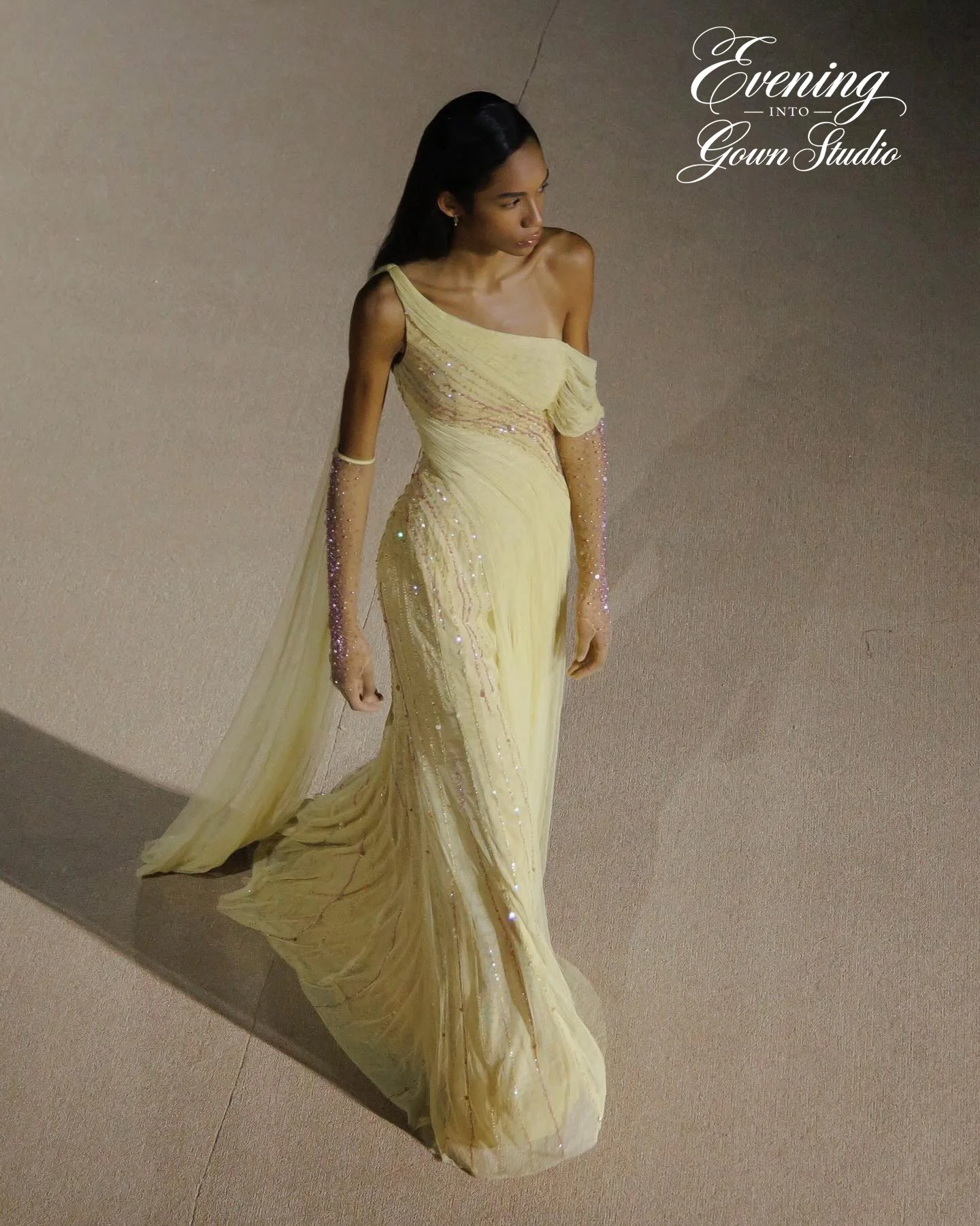 

EGS Customized Sequins Chiffon One-shoulder Yellow Women's Formal Evening Gowns Semi-formal Occasions Haute Couture Dress