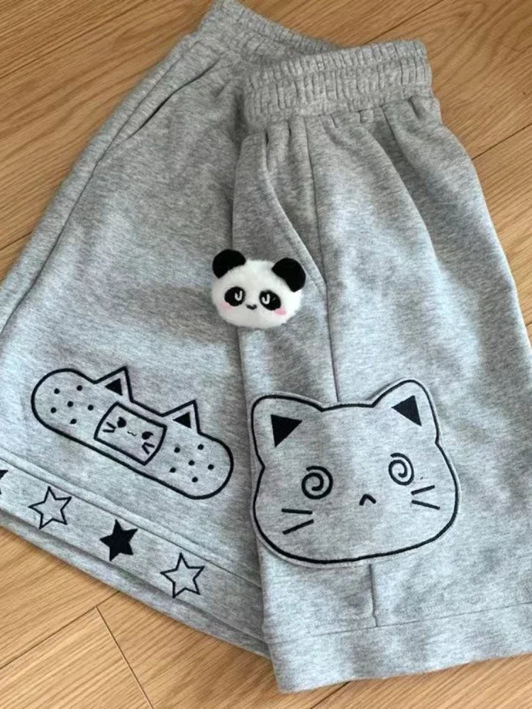 HOUZHOU pantalones cortos de estilo japonés Kawaii para mujer, pantalones cortos con bordado de gato de Anime, pantalones cortos de pierna ancha