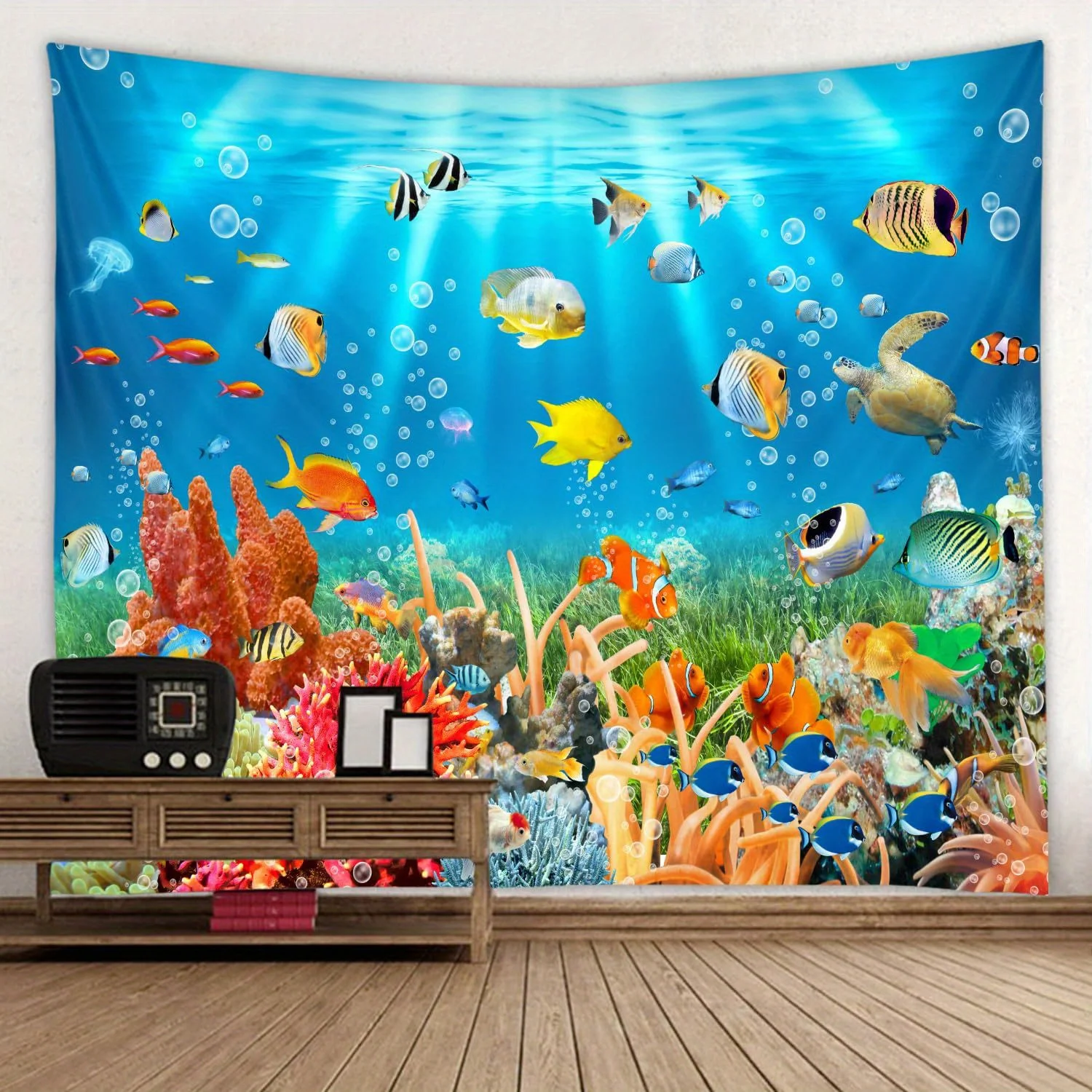 Ocean Wonderland Tapestry: Vibrant, Colorful, and Strikingly Detailed Wall Art for an Underwater Decor Statement