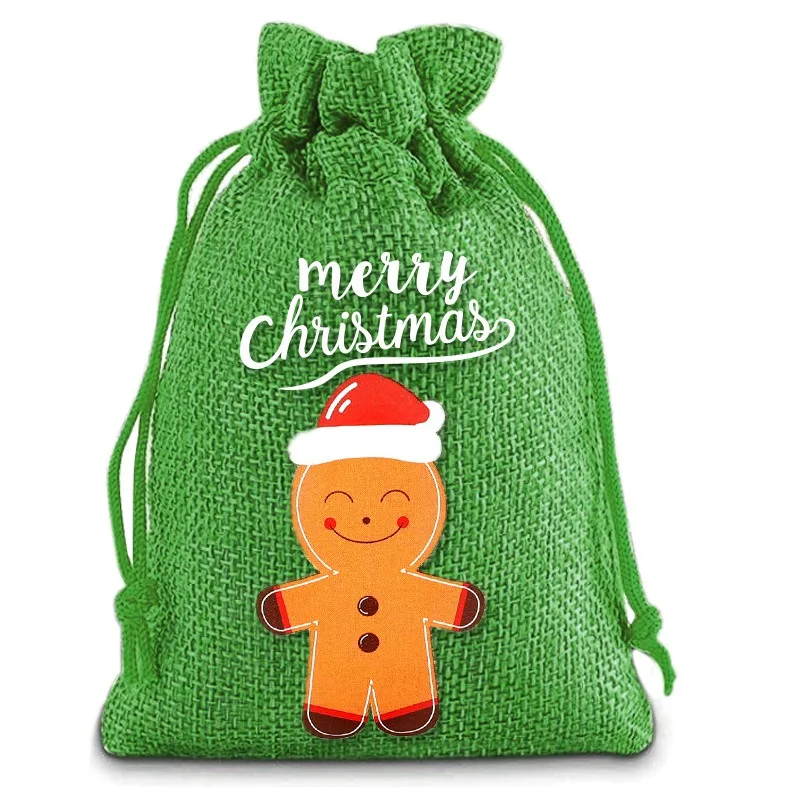 1PC Christmas Linen Drawstring Bags Candy Biscuits Pouchs Burlap Bracelet Jewelry Storage Bags Xmas Gift Packaging Bags