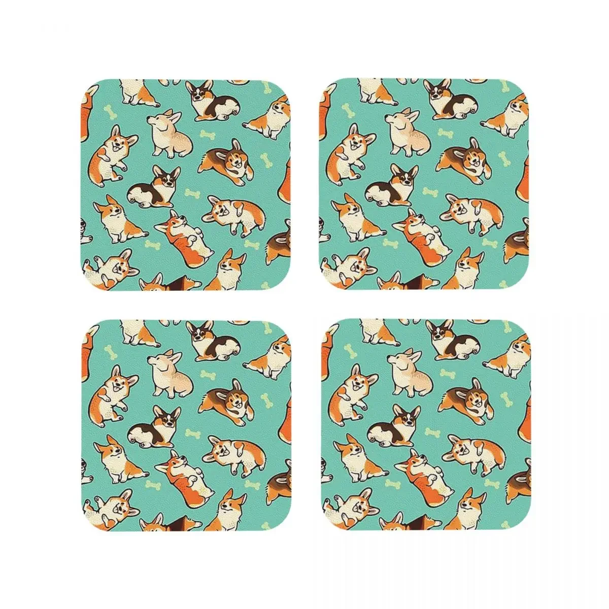 Jolly Corgis In Green Coasters Kitchen Placemats Non-slip Insulation Cup Coffee Mats For Decor Home Tableware Pads Set of 4