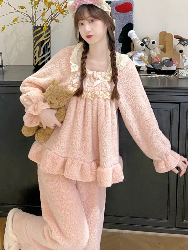 Winter Coral Fce Spwear Women's Cute Lace Long Sve Thi Plu Home Clothes Sweet Sle Loose Fit Comfortable Soft