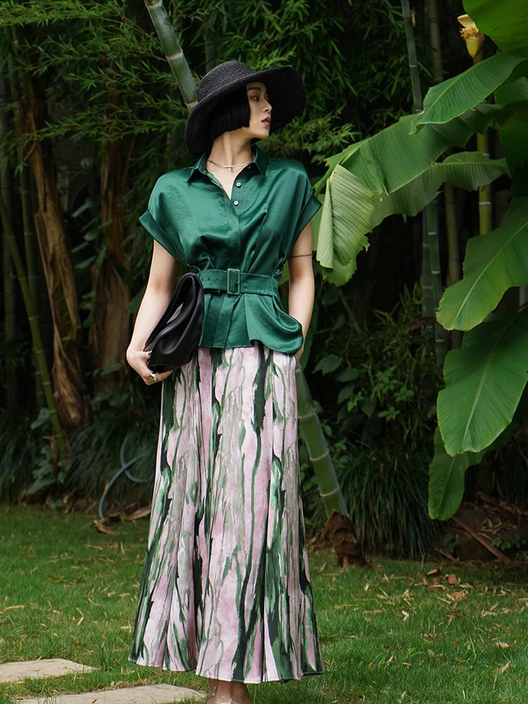 

Ele Pleated ort Sve Pure Color irt Women's Slim Fit irt Spring Faion High Waist Design Turn-down Collar Blouse