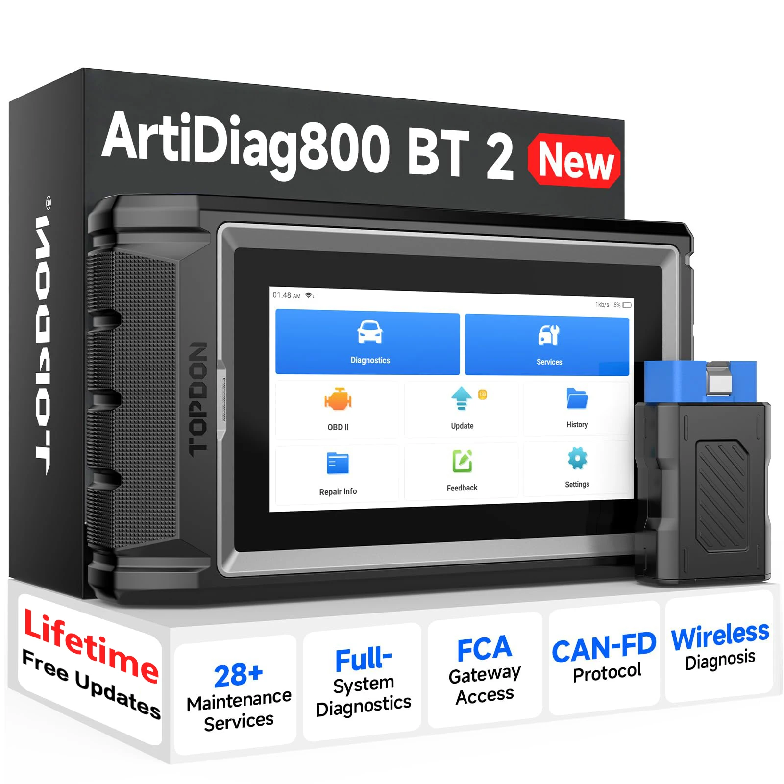 TOPDON AD800BT 2.0 Bidirectional OBD2 Scanner Full System Diagnostic Tool 28+ Services Active Tests FCA CAN FD Lifetime Free Update Car Scan Tool