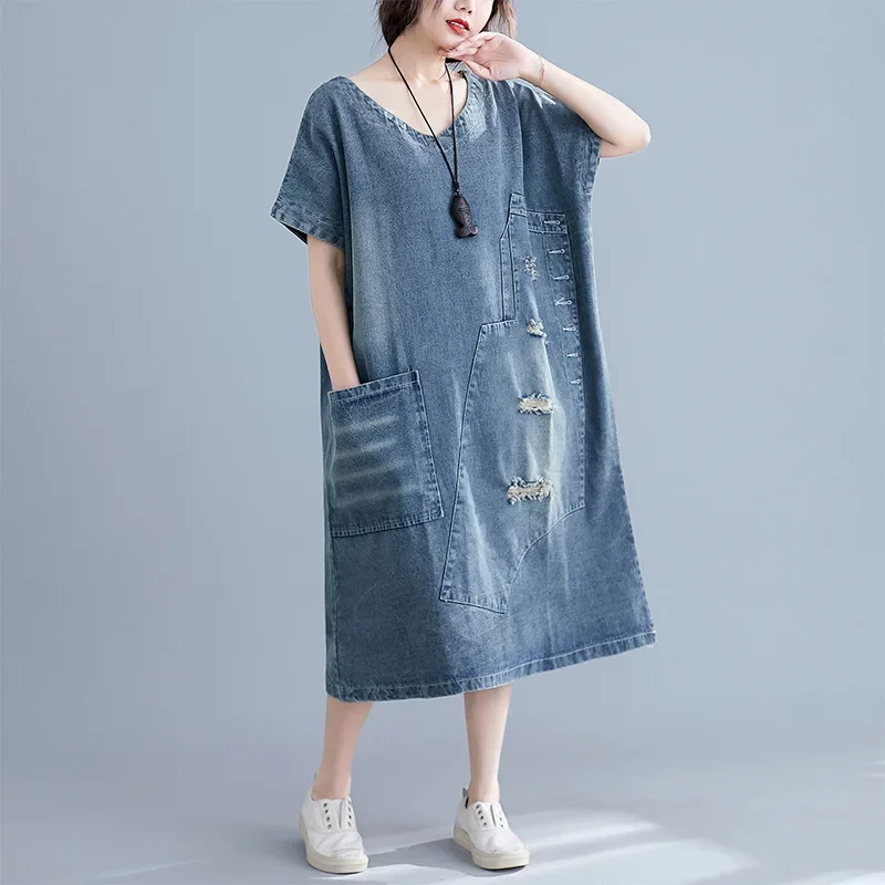 

Summer Dresses For Women Big Pockets Ripped Hole Loose Denim Dress Female Casual Short Sleeve Mid-Calf Dress