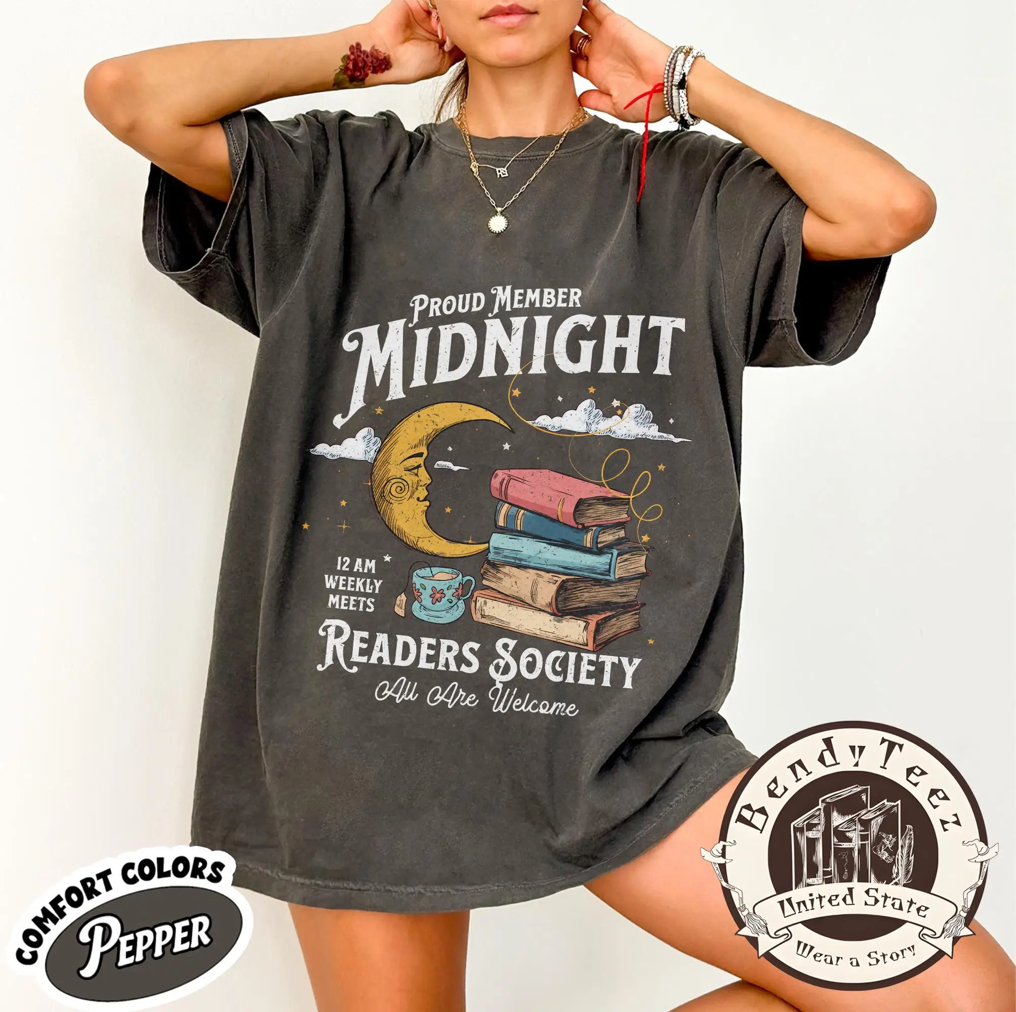 Midnight Reader T-Shirt, Aesthetic Moon and Books Tee, Dark Academia Bookish Top, Night Owl Reading Club, 12AM Weekly Meets Tee
