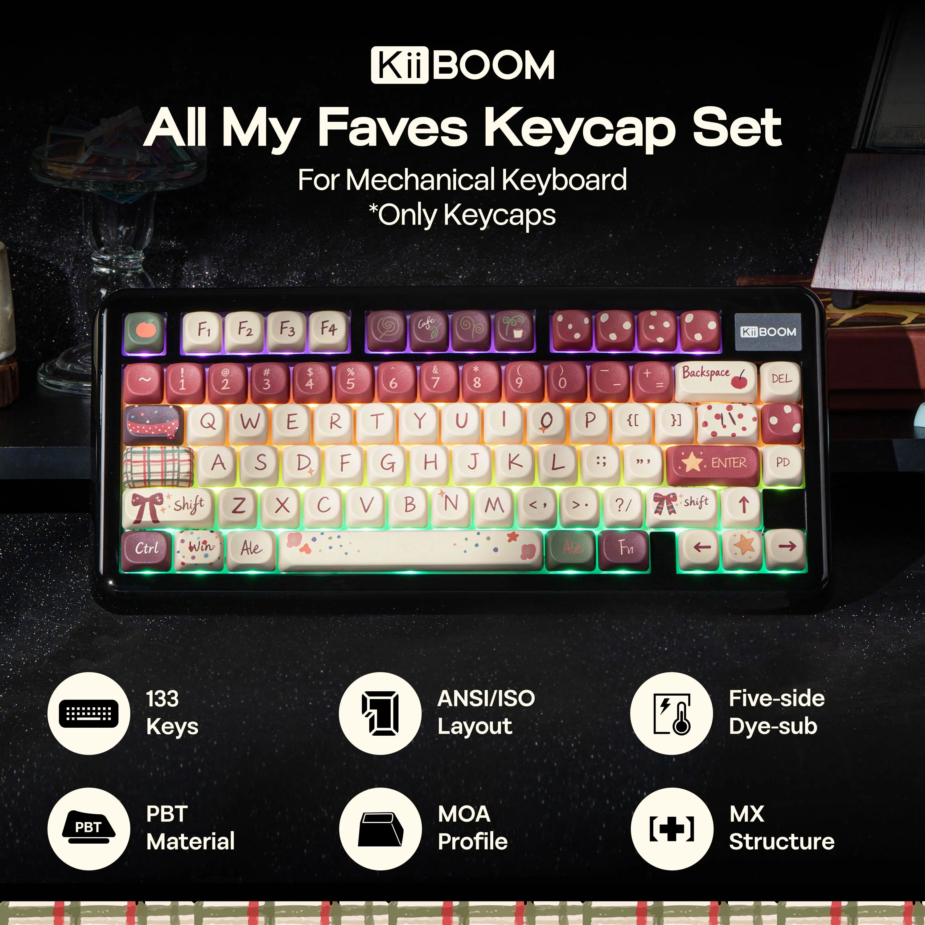 KiiBOOM All My Faves Keycap Set 133 MOA Profile Dye-Sub PBT Keys MX-Compatible for 60% to Full-Sized ANSI/ISO Layout Keyboards