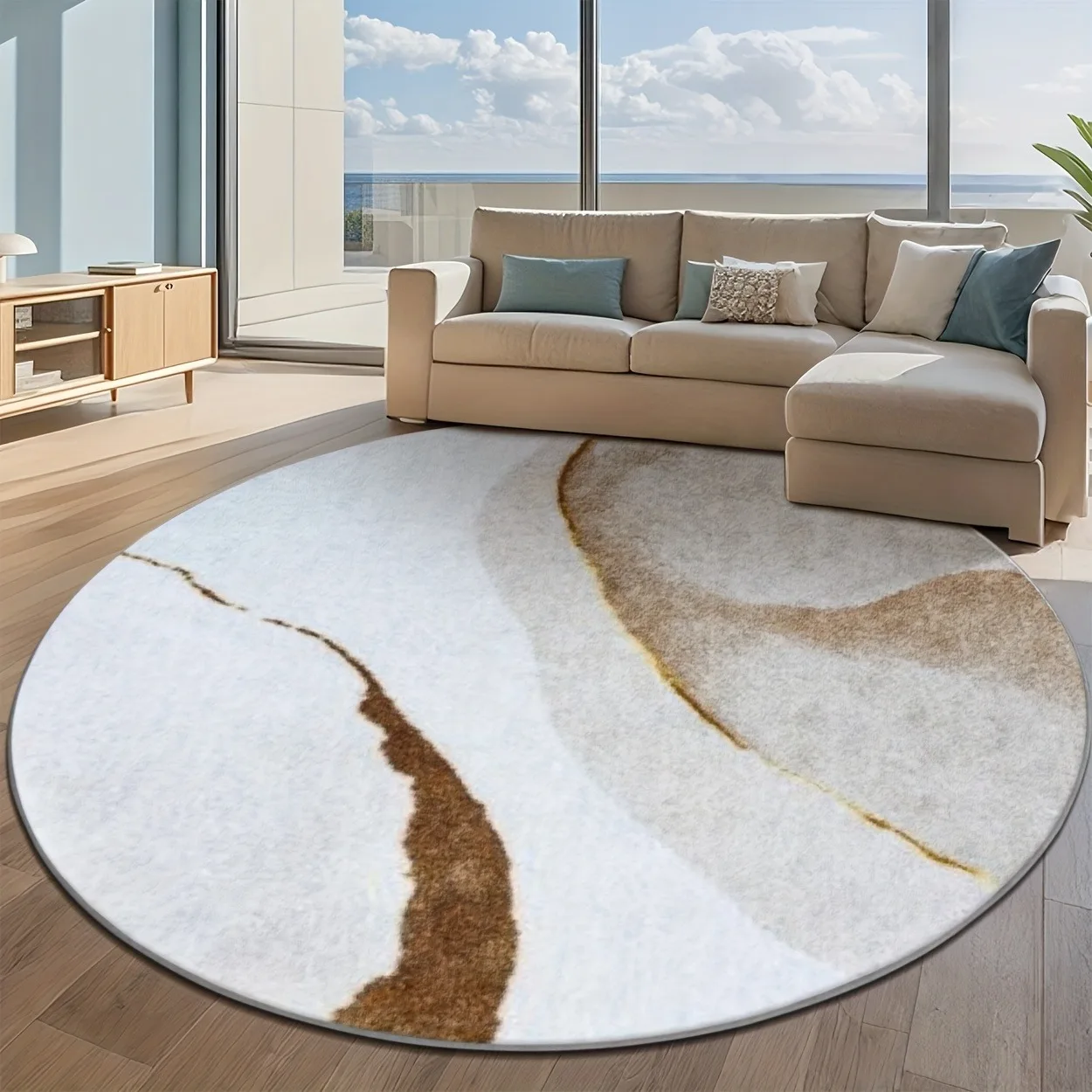 Oriental Chinese Style Landscape Round Rug,Blue Ink Wash Mountain Fisherman Bird Print Circular Floor Mat,Living Room Bedroom
