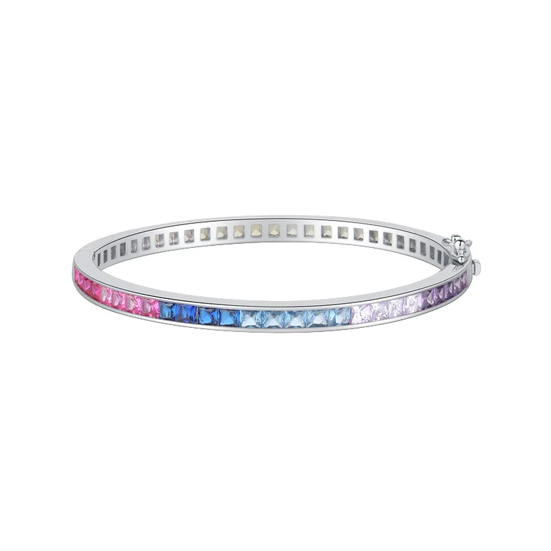 100% 925 Sterling Silver Multicolor Stone Bangle for Women Brilliant Cuff Bracelet Fine Jewelry Wholesale