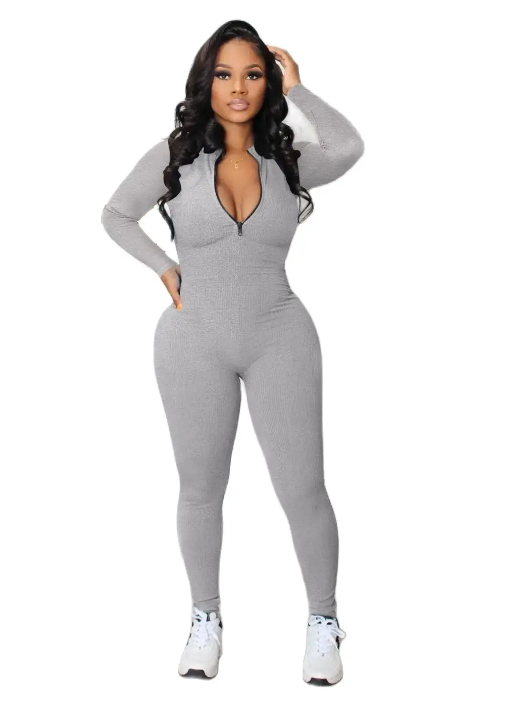 EINYOO Zevity Zipper Bodycon Jumpsuit Women Sporty Rompers Fitness Suit Long Sleeve Elastic One Piece Workout Bodysuit Traf Y2k