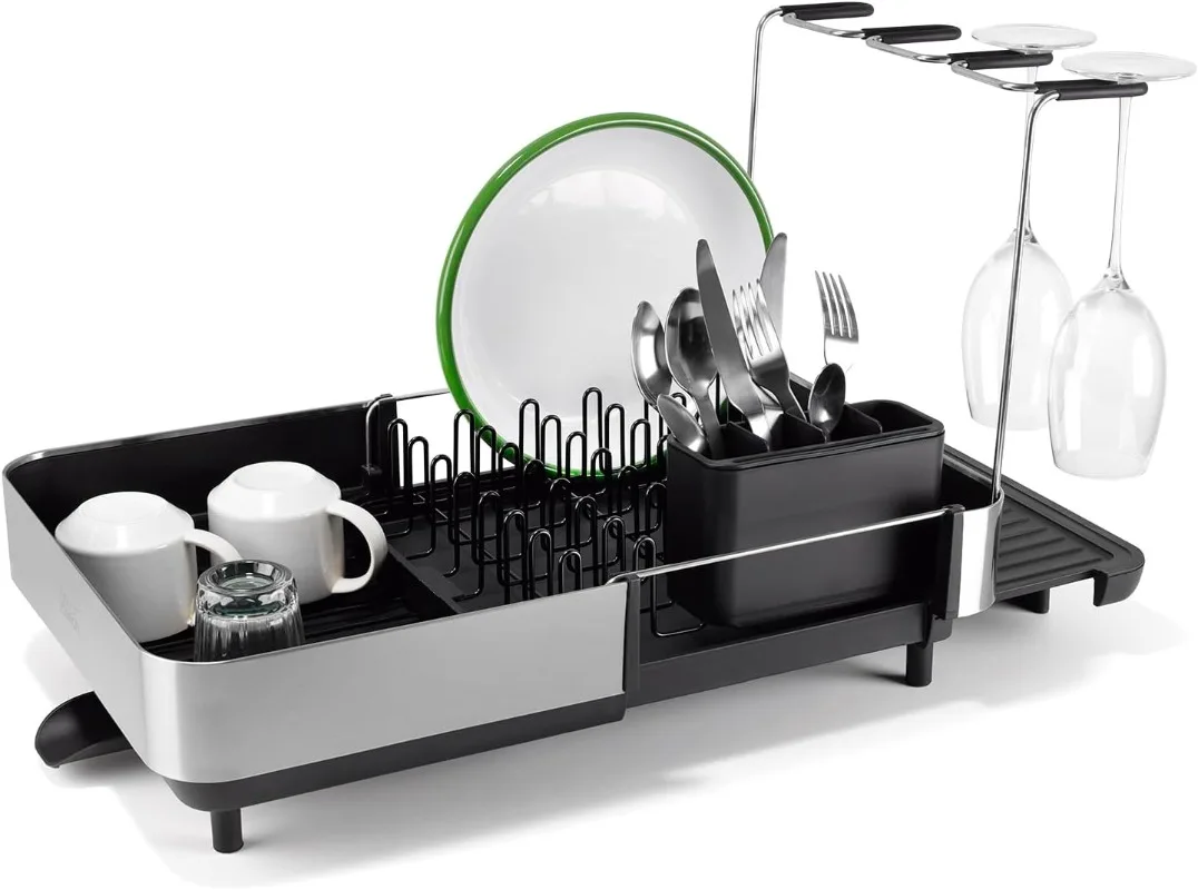 

Extendable Dish Drying Rack with Dual Parts - Stainless Steel, Non-Scratch, Movable Utensil Drainer & Drainage Spout