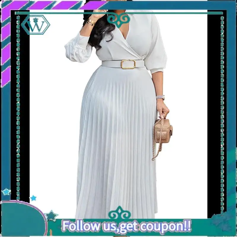 A09P Vestido plisado para mujer, cuello en V, manga larga, línea A, iglesia, trabajos formales, vestidos de negocios con cinturón