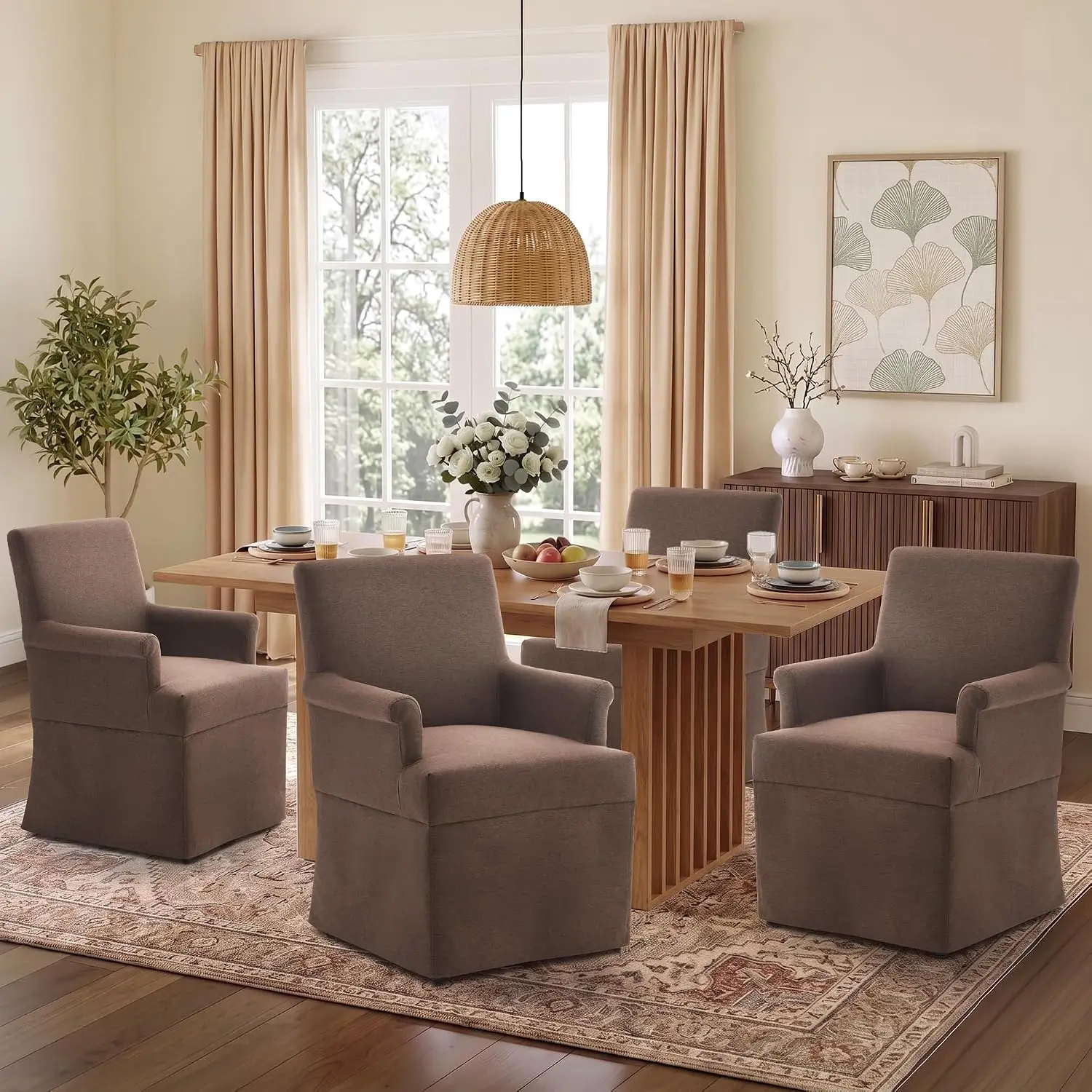 Arm Dining Chair Fabric Long Skirt Slipcovered High Back Upholstered Dinner Chair, Customized