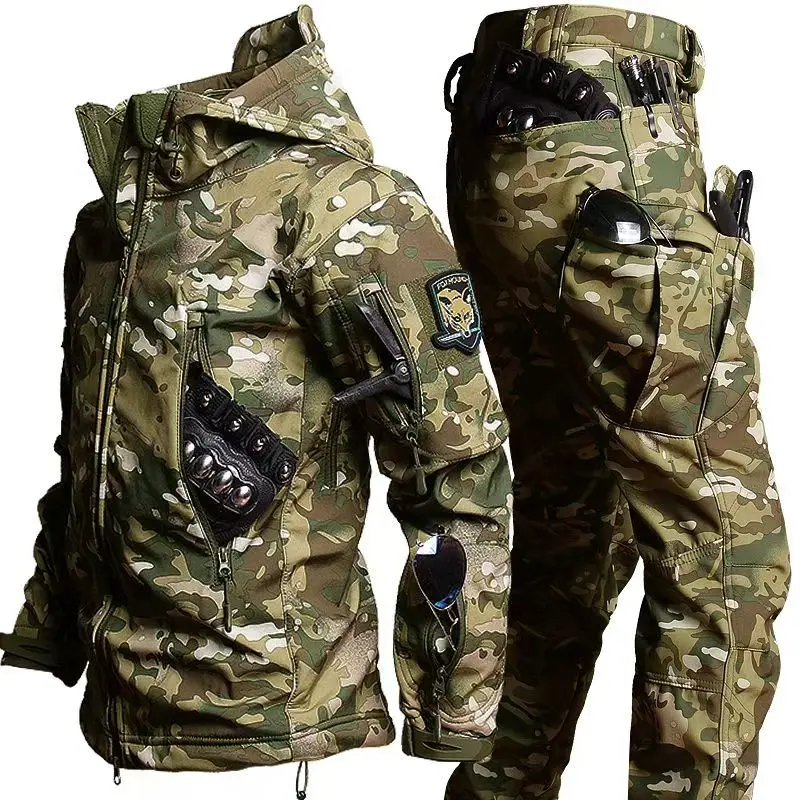 5XL 6XL Fleece Tactical Soft Shell Mens Outdoor Multi-Pockets Waterproof Shark Skin Jackets Warm Cargo Pants Tactic Suits Male