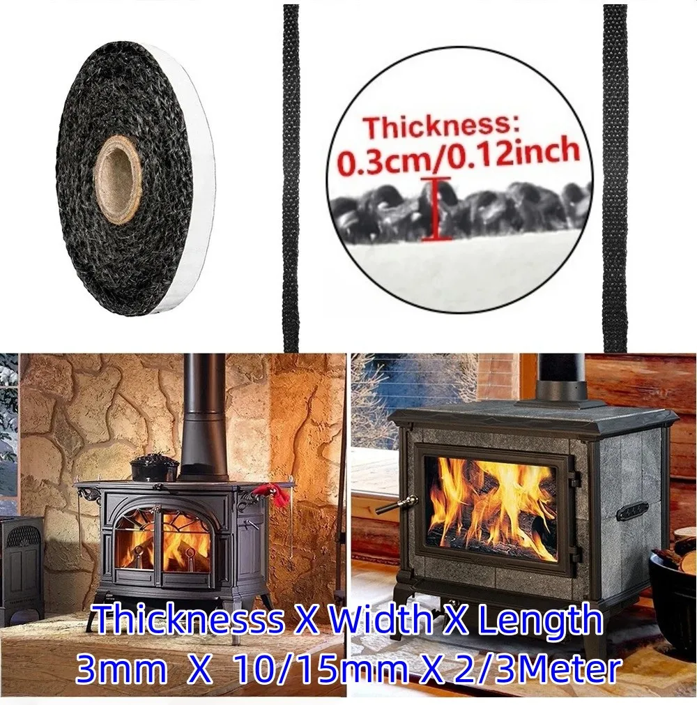 Black 10/15mm Fireplace Sealing Rope Cord Wood Burning Stove Door Self Adhesive Fiberglass Replacement 2/3Meter Gasket Tape