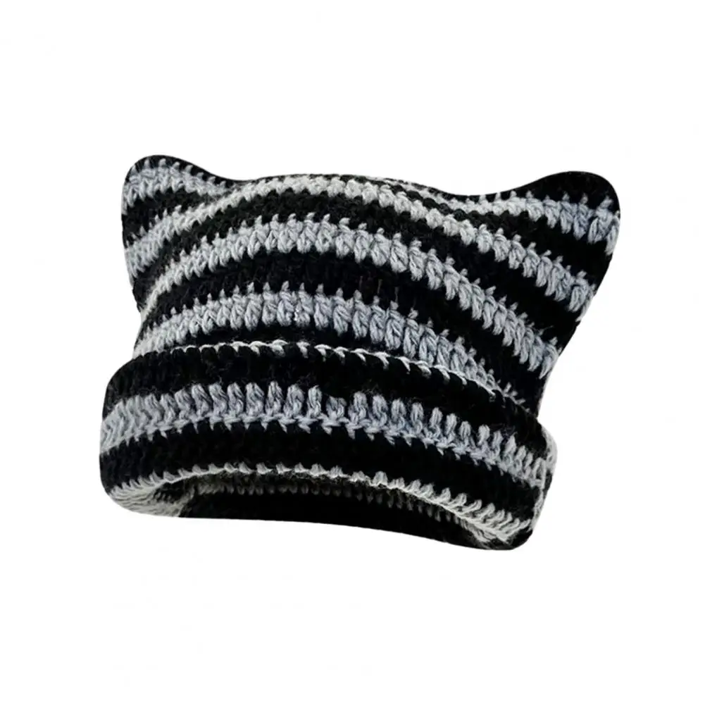 Knitted Hat Stretchy Knit Beanie Japanese Style Streetwear Harajuku Beanie Hat Little Devil Striped Knitted Bonnet for Women's