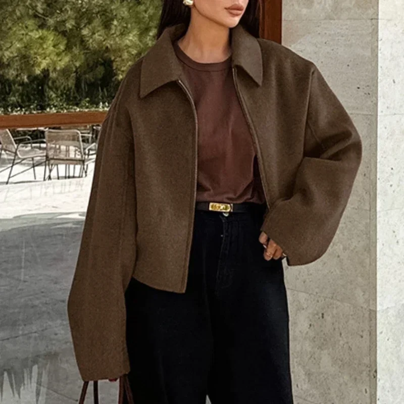 

Women's Woolen Coat With Lapel Long Sleeve Zipper 2024 Autumn/Winter Fashion Loose Casual Women's Jacket