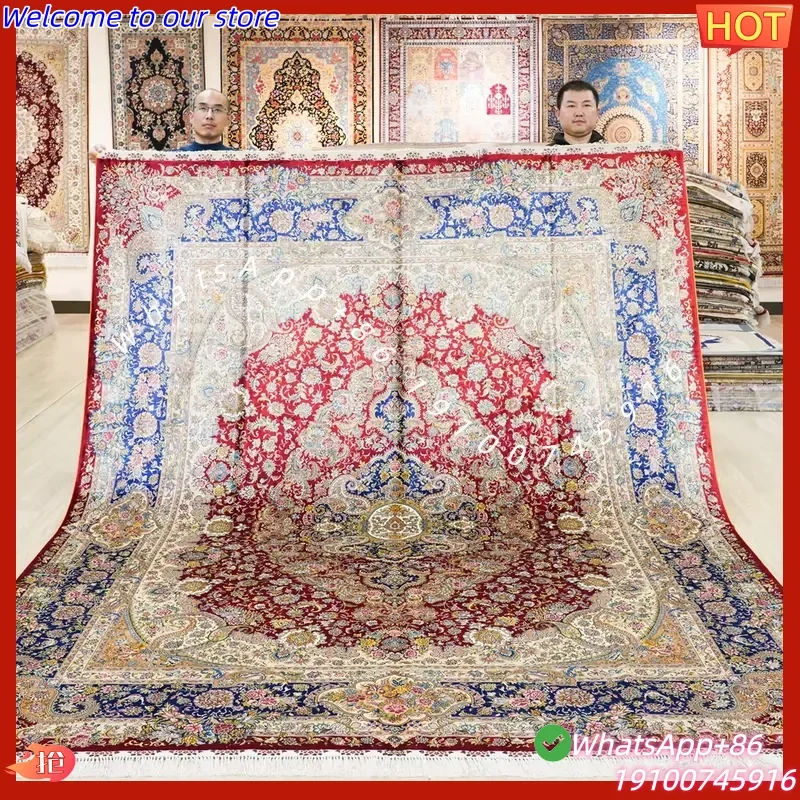 CECertificate 244x305cm Persian Qum Hand Knotted Silk Rug Floral Pattern Low Pile Washable High End Designer Carpet