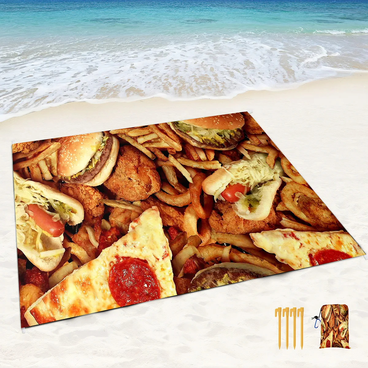 Beach Blanket Waterproof Sandproof,Burger Pizza Fast Food Print Beach Mat with Corner Pockets,Portable Mesh Bag for Beach,Picnic