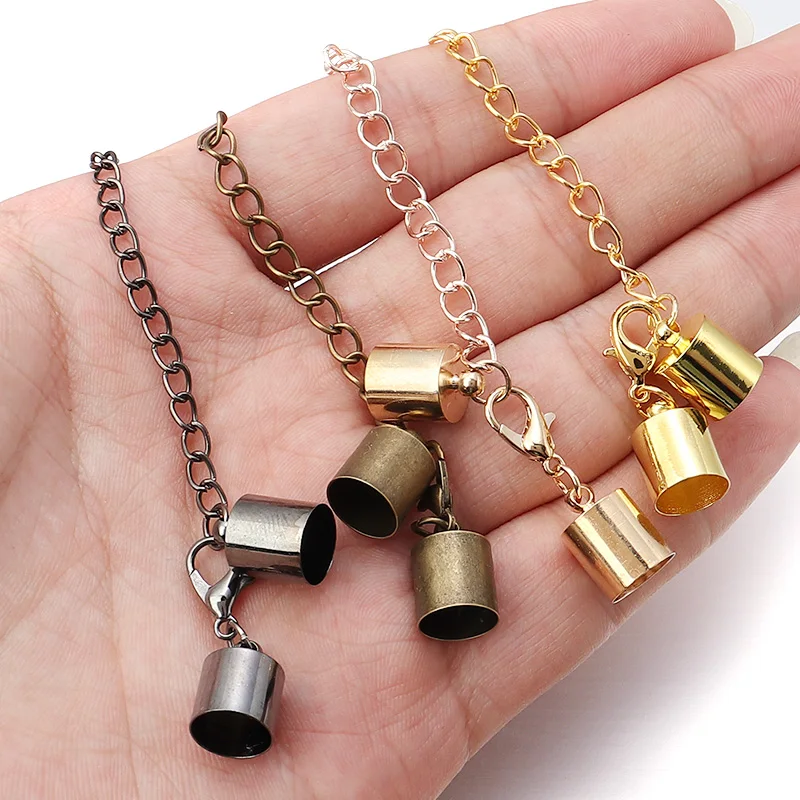 10Sets Leather Cord End Caps With Lobster Clasp Extending Chain For Jewelry Making DIY Bracelet Necklace Connectors Accessories