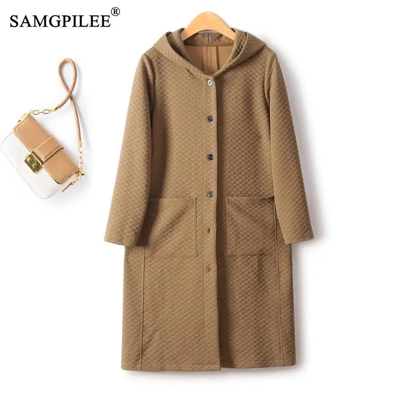 

European Station Hooded Windbreaker Solid Dark Pattern Drape Single Breasted Casual Air Cotton Mid Length Trench Coat For Women