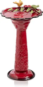 28" Tall Outdoor Metal Birdbath with Birds and Leaves Design, Red Garden Statue for Patio Deck Yard