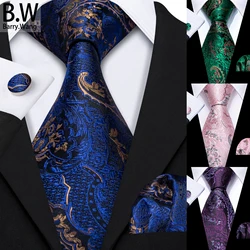 Barry.Wang Silk Men Tie Hanky Cufflinks Set Fashion Floral Same Pattern Different Colors Necktie for Male Wedding Business Party