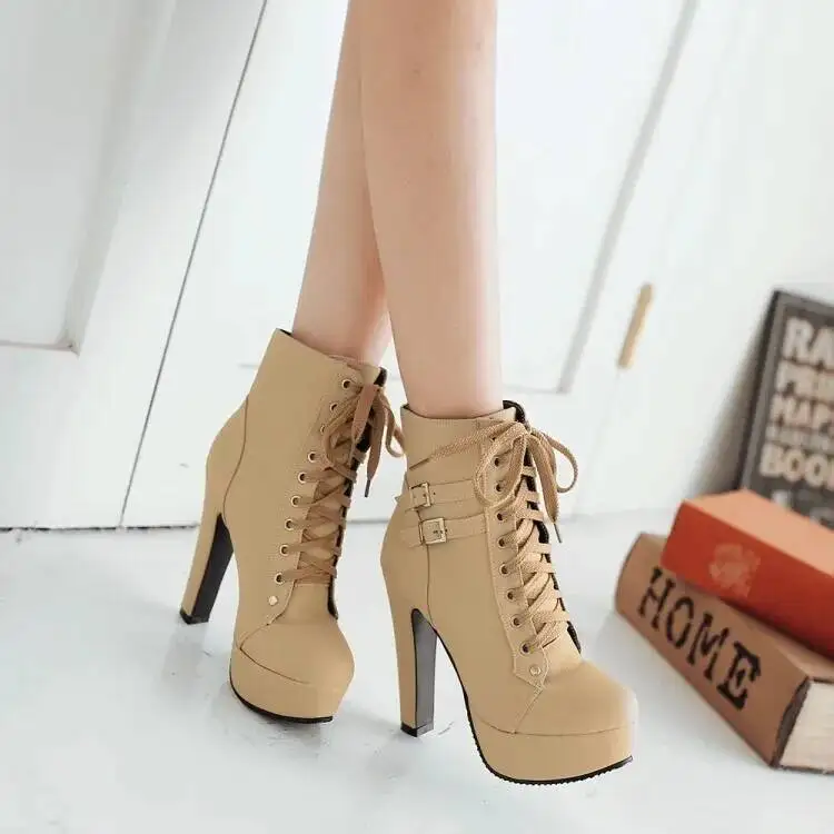 

Lace Up Platform Women's Short Booties Winter High Heels Shoes Women Ankle Boots