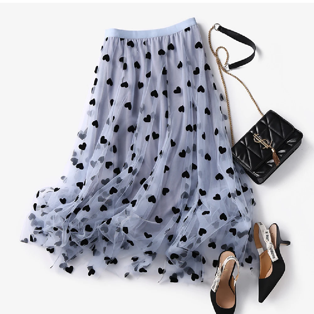 Vintage Women skirt Love Heart Print skirt Mesh skirt skirt Tulle Skirt a-line high waist long skirt fairy skirt Tutu Skirts