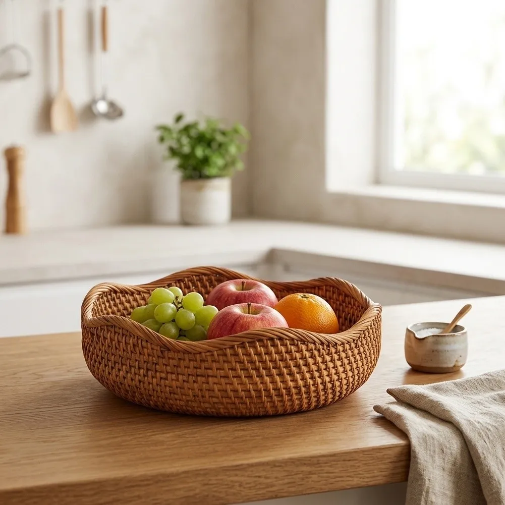 Rattan Fruit Basket Round Handwoven Tray with Elegant Wavy Edge for Bread For Fruits Small Items Home Use 25x8cm Brown