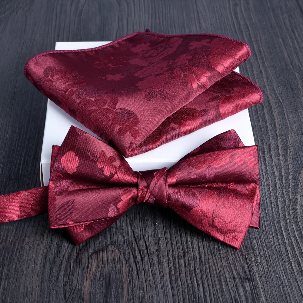 2026 التعادل والمنديل 2 قطعة مجموعة مطرزة الأعمال الرسمية العريس الزفاف موضة الاتجاه الجديد لون النبيذ الأحمر